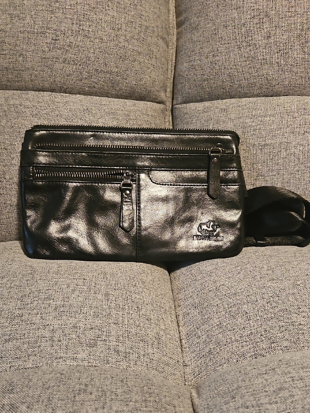 Black Genuine Leather Crossbody Waist Bag with Front Zip Pockets
